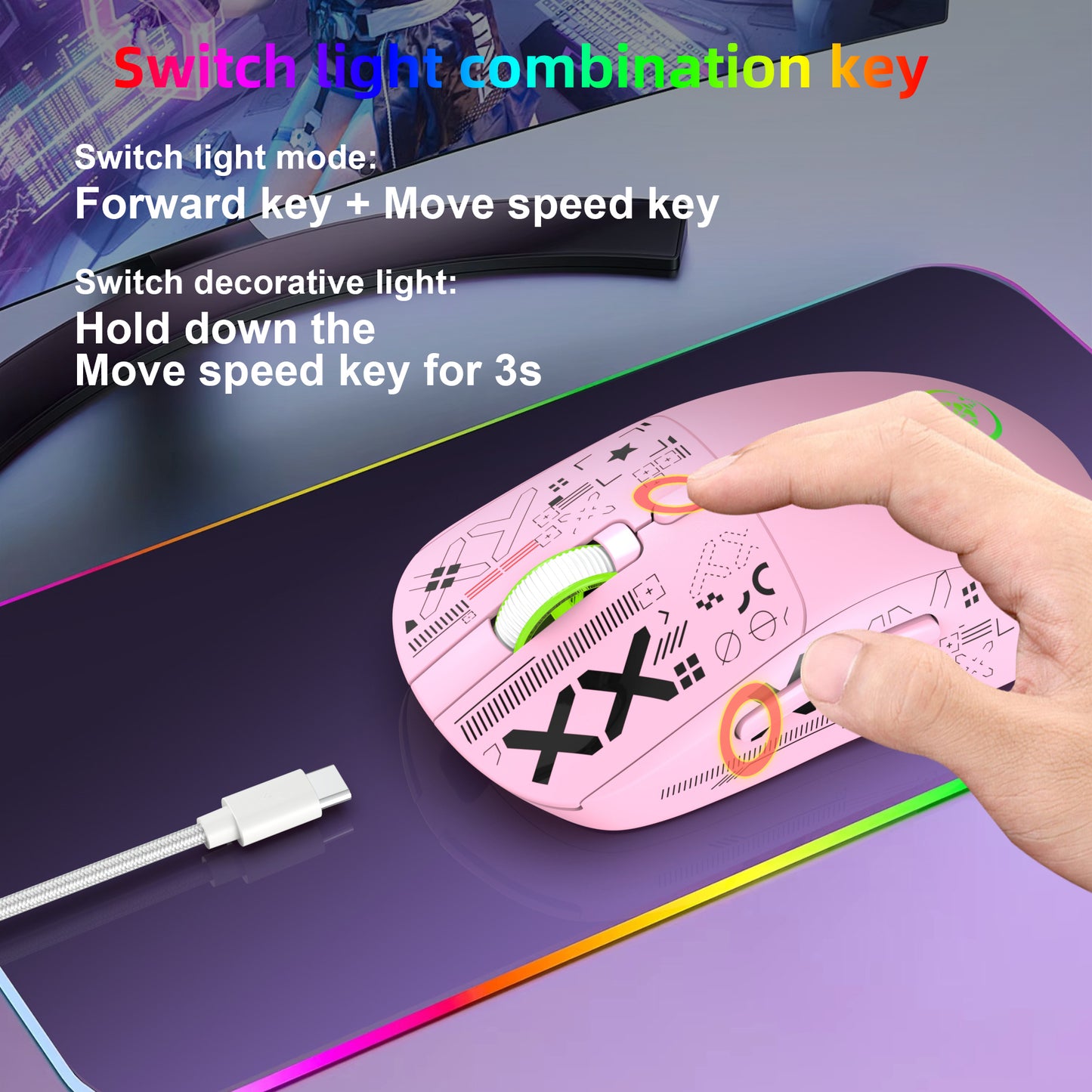 Wireless Gaming Mouse,Colorful RGB Backlight,T90Pink