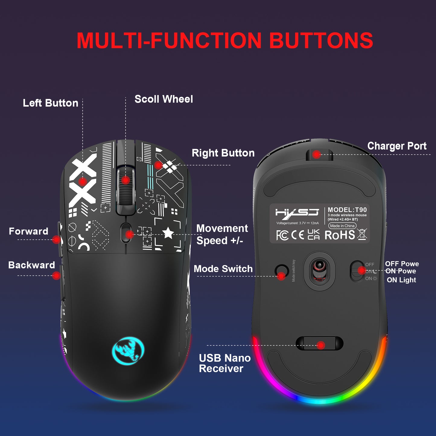 UHM T90 Tri-Mode Gaming Mouse