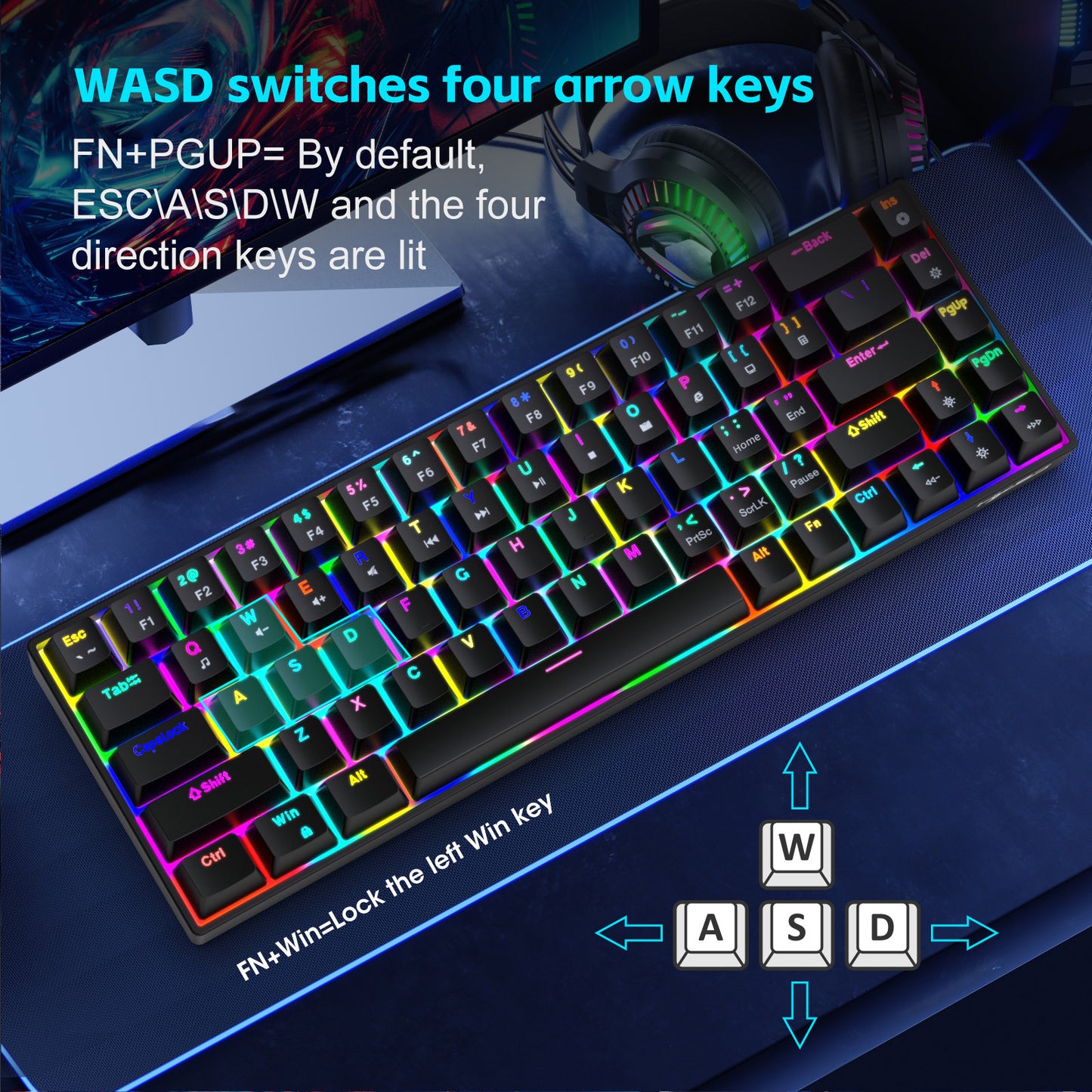 RCY RGB Gaming Keyboard Wired 68keys,V800RGB-B