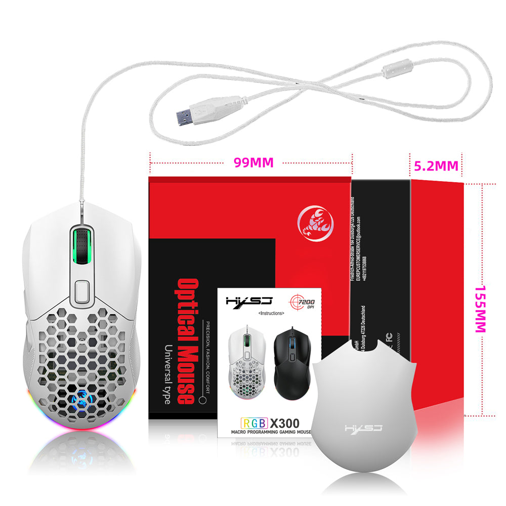 RCY Wired Optical Gaming Mouse for PC Gaming, 6 Buttons, Honeycomb Shell, Up to 7200 DPI