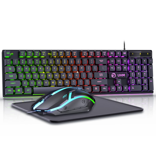 UHM Wired Gaming Keyboard and Mouse Combo,RGB Backlit Mechanical Feel Gaming Keyboard Mouse Set with 104 Keys,USB Wired,RGB Lights for Windows PC Gamers Desktop Computer Laptop