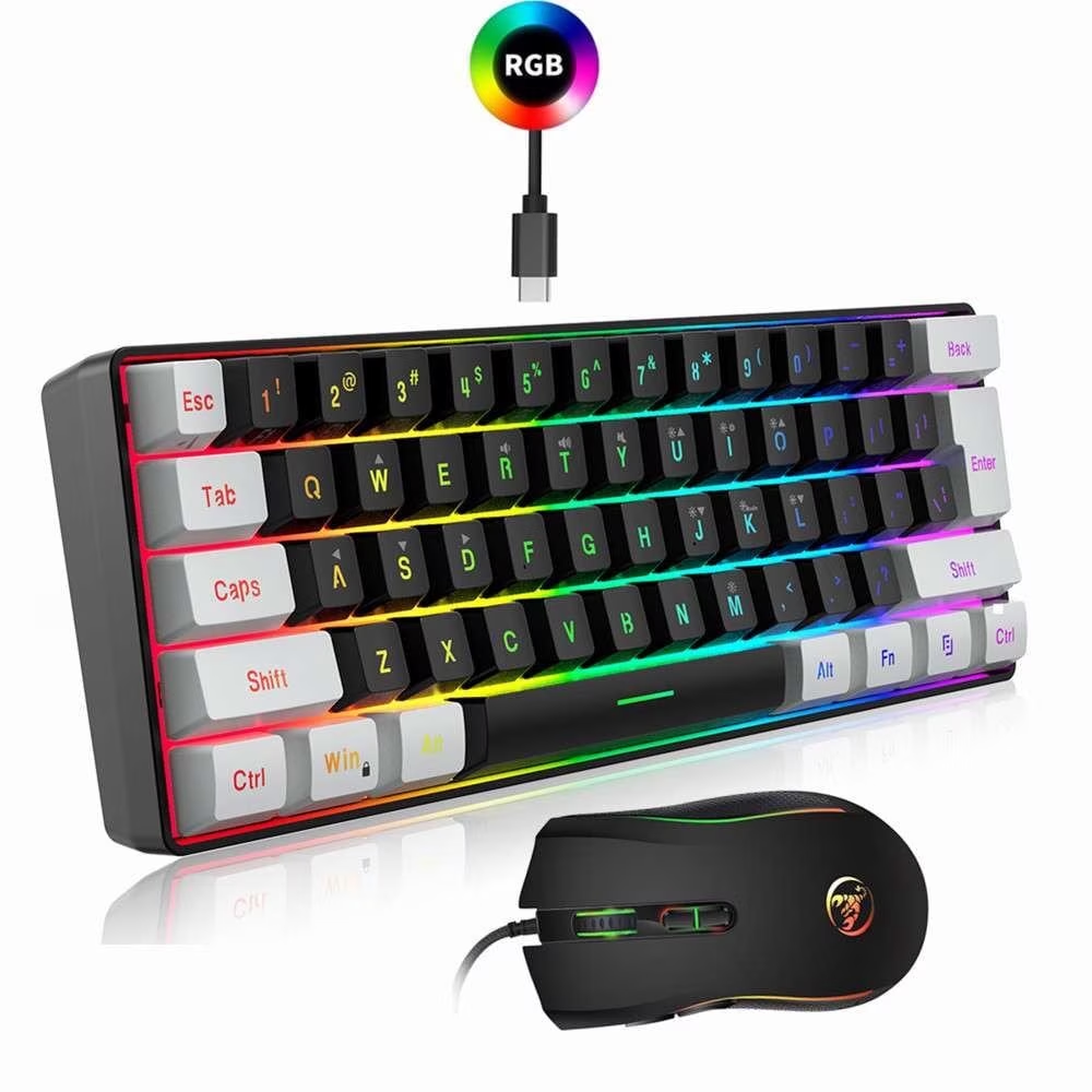 Hexamurby Wired Gaming Keyboard and Mouse Set Rainbow LED Backlit Wired USB Keyboard and Mouse for PS3 PS4 Xbox One Xbox 360 PC, 60% 61Keys, Adjustable 4 DPI