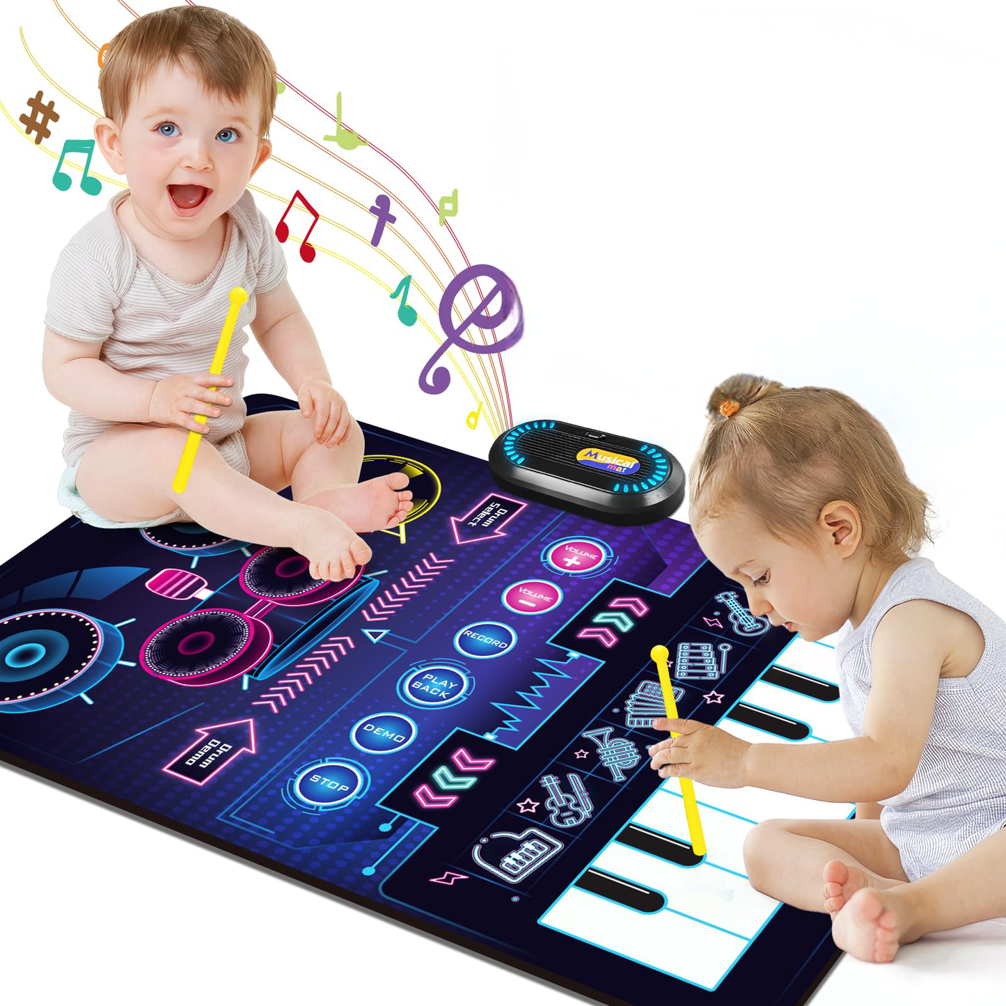 Musical Mat Baby Toys, 2 in 1 Musical Toys Toddler Piano Keyboard & Drum Mat with 2 Sticks,Gifts for 1 2 3 Year Old Boys Girls