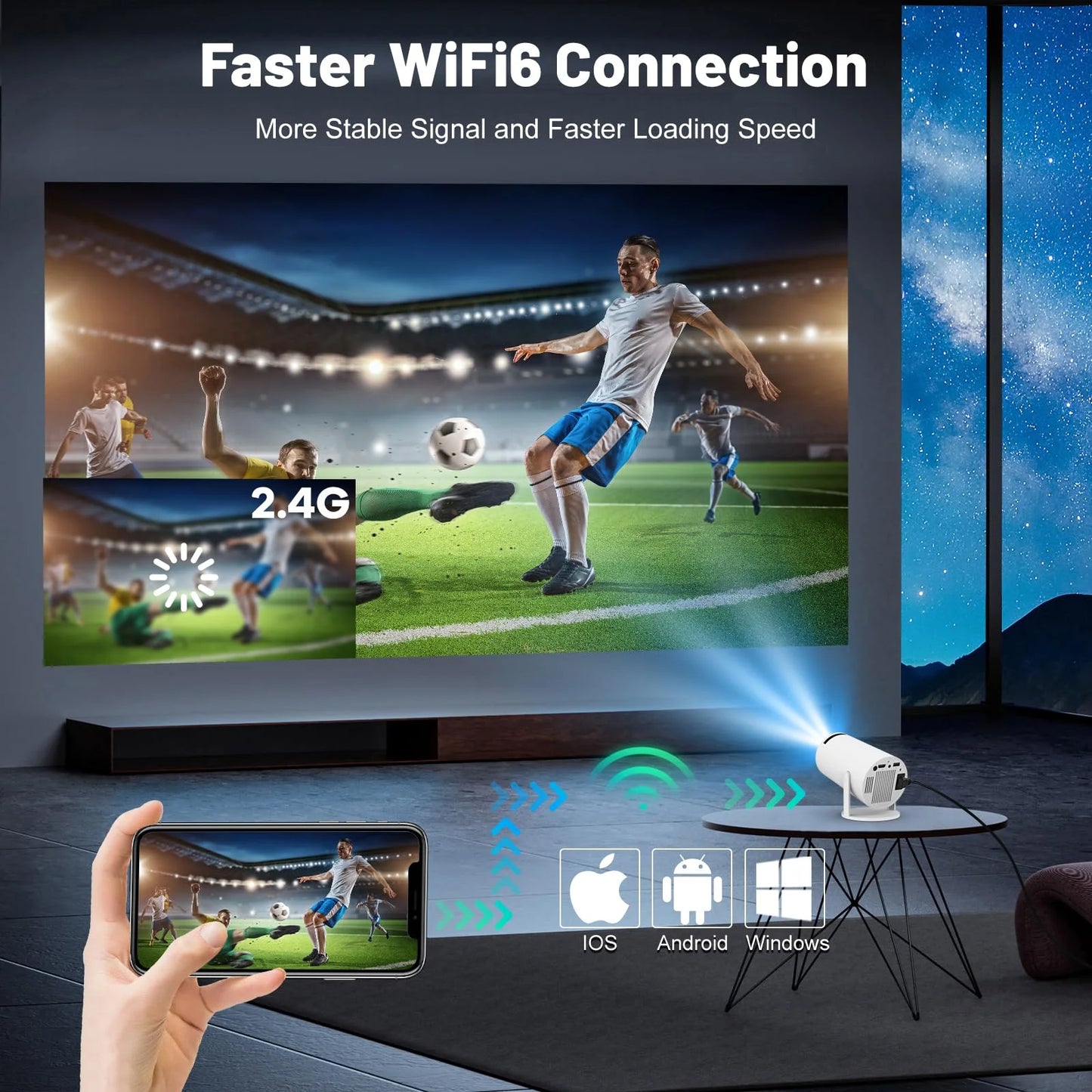 UHM Mini Projector with WIFI 6 and Bluetooth, 4K 1080P Support Portable Projector 180° Rotatable 130'' Screen Movie Projector