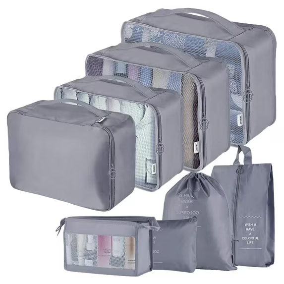 UVQYC   Packing Cubes for Travel, 8Pcs Travel Cubes Set Foldable Waterproof Suitcase Organizer Luggage Storage Bag, Gray