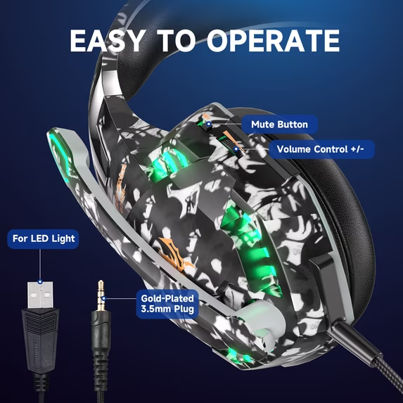 UHM  Wired Gaming Headset for PS5/PS4/Switch/ PC/Phone,Gaming Headphones with 20H Playtime Noise-Canceling Mic,7.1 Surround Sound