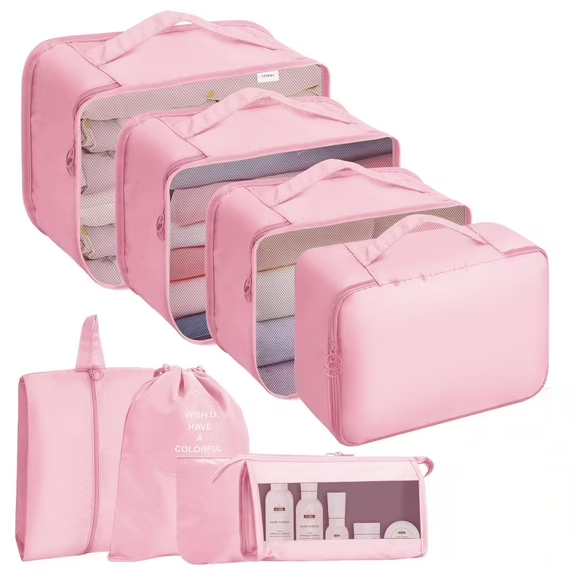 UVQYC   Packing Cubes for Travel, 8Pcs Travel Cubes Set Foldable Waterproof Suitcase Organizer Luggage Storage Bag, Pink